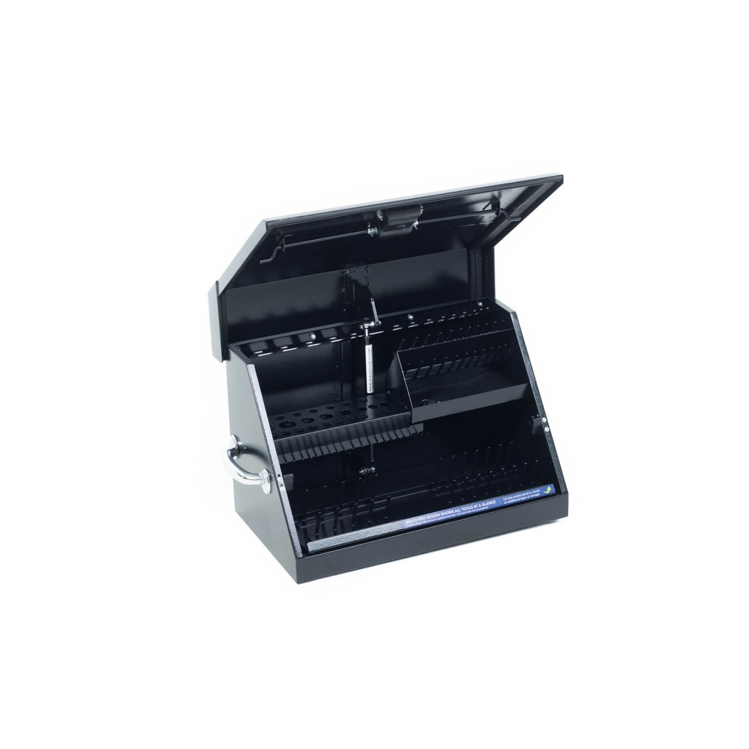 triangle shop box, steel toolbox, black steel shop box, locked and secure tools, safe from elements